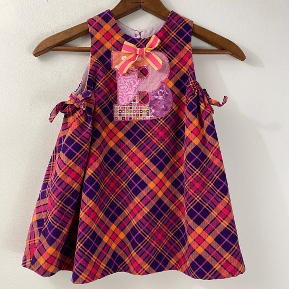 Handmade Girls Dress Plaid Purple Orange B Initial Applique Sz 6–7 Bows Corduroy - Picture 1 of 13